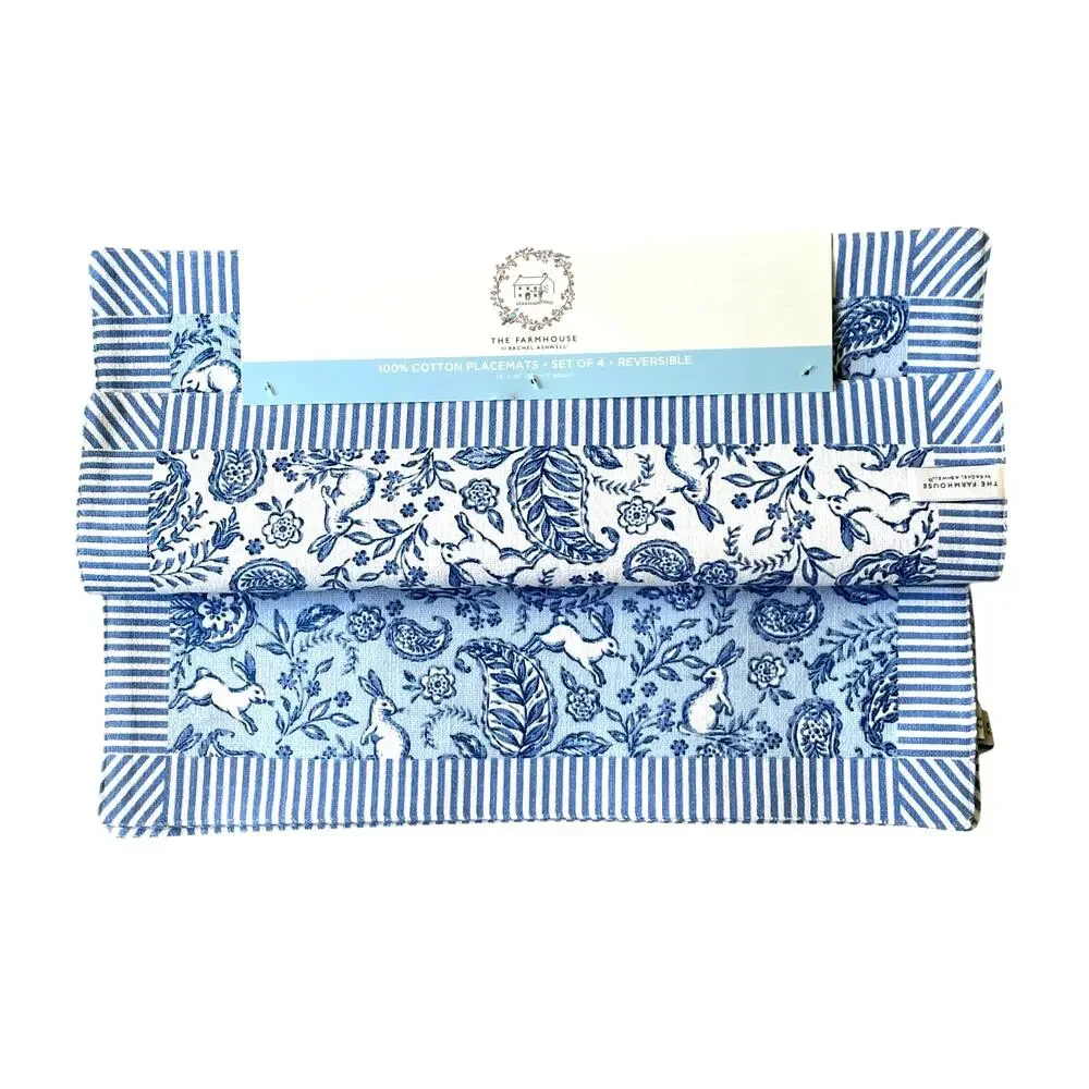 Rachel Ashwell Farmhouse Bunny Paisley Reversible Placemats 13x19 Blue White New